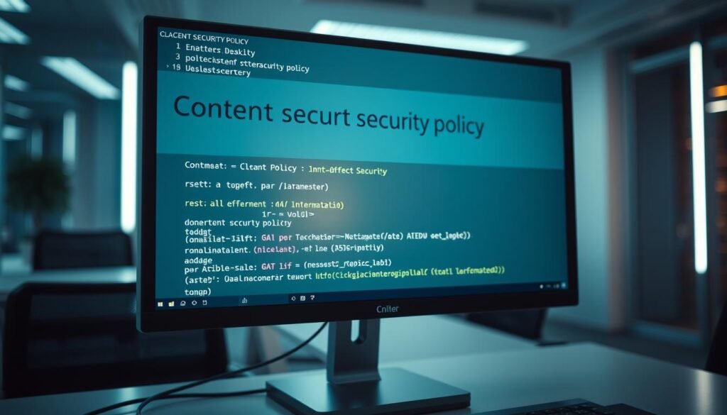 A highly detailed, realistic image of a "content security policy" displayed on a computer screen, captured with a high-resolution camera lens in a bright, well-lit office setting. The screen shows a clearly defined security policy configuration with technical parameters and code snippets. The image has a professional, technical aesthetic, conveying the importance of properly implementing content security policies to prevent clickjacking attacks. The background is clean and minimalist, placing the focus entirely on the screen and its contents.
