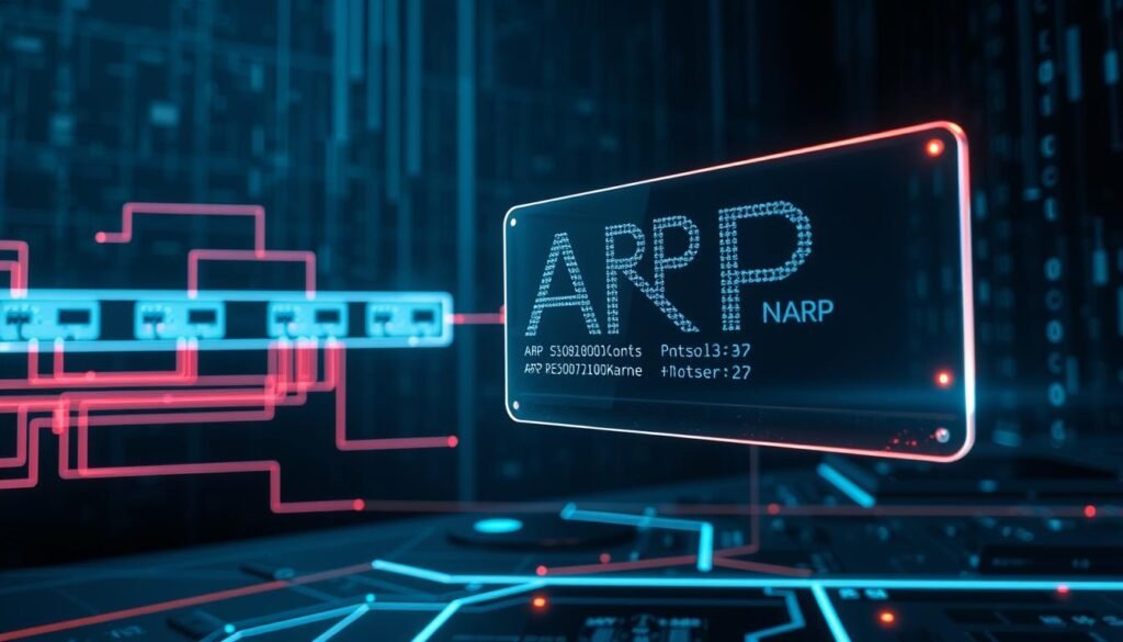 A highly detailed, realistic visualization of the Address Resolution Protocol (ARP) process. In the foreground, a stylized computer network diagram showcases the flow of ARP requests and responses between devices, with glowing lines tracing the data packets. In the middle ground, a large transparent ARP packet hovers, its inner workings and protocol fields visible. The background depicts a dark, moody cybersecurity landscape, with abstract binary code patterns and a subtle grid-like structure representing the underlying network infrastructure. The scene is lit by a cool, bluish-white glow, creating a sense of technical precision and potential threat. The overall mood is one of intrigue and a deep dive into the mechanics of this fundamental network protocol.