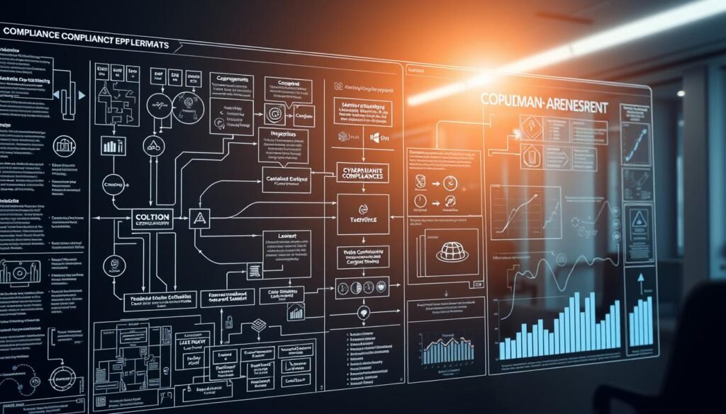A highly detailed, technical diagram of a compliance framework, showcased against a muted, corporate backdrop. The foreground features intricate schematics and interconnected process flows, conveying the complex, structured nature of compliance requirements. The middle ground incorporates sleek, minimalist iconography and data visualizations, highlighting key compliance elements. The background is a subtly-lit office environment, with clean lines and a sense of professionalism, emphasizing the serious, business-oriented context. Lighting is soft and indirect, casting a warm, authoritative glow on the scene. The overall mood is one of methodical organization, rigorous processes, and the importance of adhering to regulatory standards.