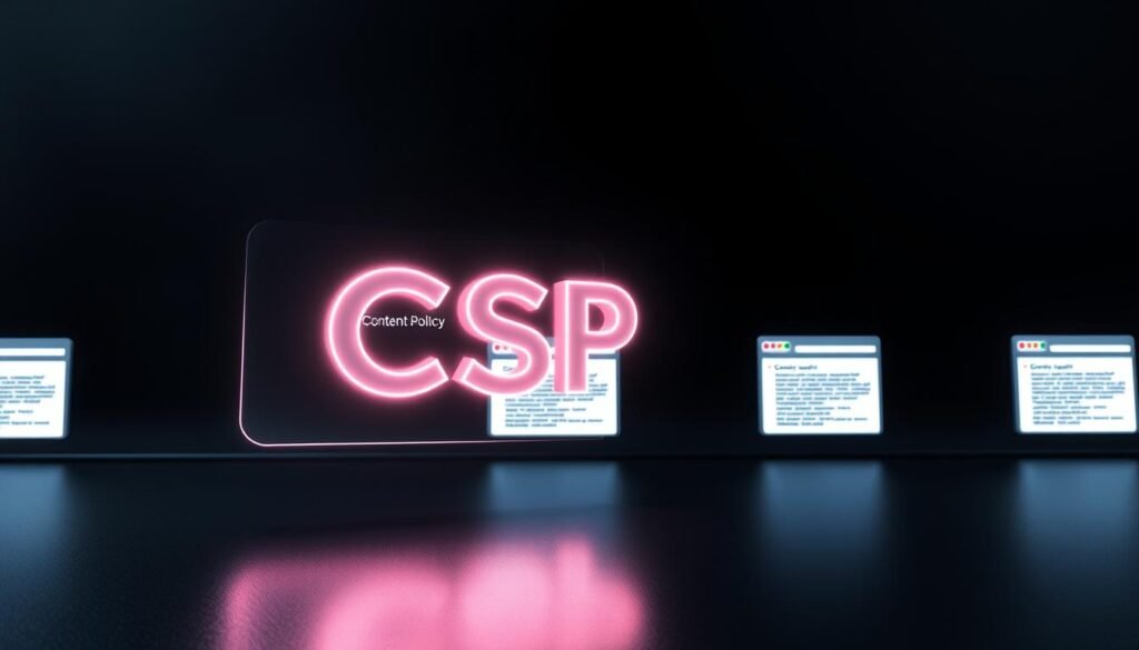 A highly detailed, technical illustration depicting a Content Security Policy (CSP) header against a sleek, minimalist backdrop. In the foreground, a glowing, three-dimensional CSP header hovers, its individual directives clearly visible. The header is rendered in a clean, metallic material, casting soft reflections on the smooth, dark surface below. The middle ground features a series of stylized web browser windows, showcasing the CSP header in action, protecting the webpage from potential cross-site scripting (XSS) attacks. The background is a subtly-textured, monochromatic plane, accentuating the technical focus of the scene. Dramatic lighting casts dramatic shadows, emphasizing the importance and impact of the CSP header.