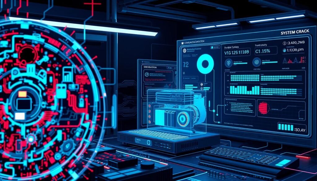 A highly detailed, technical illustration of a comprehensive system scan process. In the foreground, an abstract representation of various threat detection algorithms analyzing system data. In the middle ground, a three-dimensional visualization of a computer system's internal components, with diagnostic overlays and real-time status updates. In the background, a sleek, minimalist user interface with progress bars, system information, and a soothing, blue-toned color palette. Bright, directional lighting illuminates the scene, casting sharp shadows and highlighting the intricate details. The overall mood is one of efficiency, professionalism, and a sense of security - a trusted, state-of-the-art spyware removal tool in action.