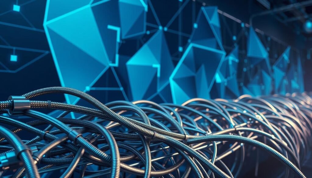 A highly detailed, technically accurate illustration of transport-level security protocols. A metallic mesh of cables and pipes in the foreground, representing the TLS/mTLS protocols, with a backdrop of abstract geometric shapes in shades of blue, symbolizing the underlying cryptographic primitives. Soft, diffused lighting casts a sense of depth and technical sophistication. The composition emphasizes the interconnected nature of these security mechanisms, conveying a mood of secure, reliable data transmission. A highly detailed, technically accurate illustration of transport-level security protocols. A metallic mesh of cables and pipes in the foreground, representing the TLS/mTLS protocols, with a backdrop of abstract geometric shapes in shades of blue, symbolizing the underlying cryptographic primitives. Soft, diffused lighting casts a sense of depth and technical sophistication. The composition emphasizes the interconnected nature of these security mechanisms, conveying a mood of secure, reliable data transmission.