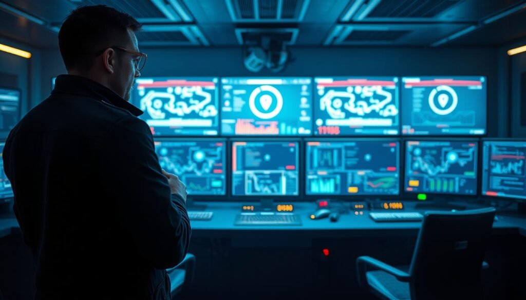 A highly secure command center, with a central control panel monitoring multiple screens displaying real-time data on network activity and security threats. In the foreground, a skilled cybersecurity expert in a dark uniform stands vigilant, hands on the controls, their gaze focused and determined. The middle ground features a sleek, minimalist interface with glowing status indicators and intuitive data visualizations. The background is bathed in a cool, blue-tinted lighting, creating a sense of technological sophistication and precision. The overall atmosphere conveys a heightened state of readiness, where advanced security measures and human expertise work in tandem to protect critical digital infrastructure against the looming threat of botnet attacks. A highly secure command center, with a central control panel monitoring multiple screens displaying real-time data on network activity and security threats. In the foreground, a skilled cybersecurity expert in a dark uniform stands vigilant, hands on the controls, their gaze focused and determined. The middle ground features a sleek, minimalist interface with glowing status indicators and intuitive data visualizations. The background is bathed in a cool, blue-tinted lighting, creating a sense of technological sophistication and precision. The overall atmosphere conveys a heightened state of readiness, where advanced security measures and human expertise work in tandem to protect critical digital infrastructure against the looming threat of botnet attacks.