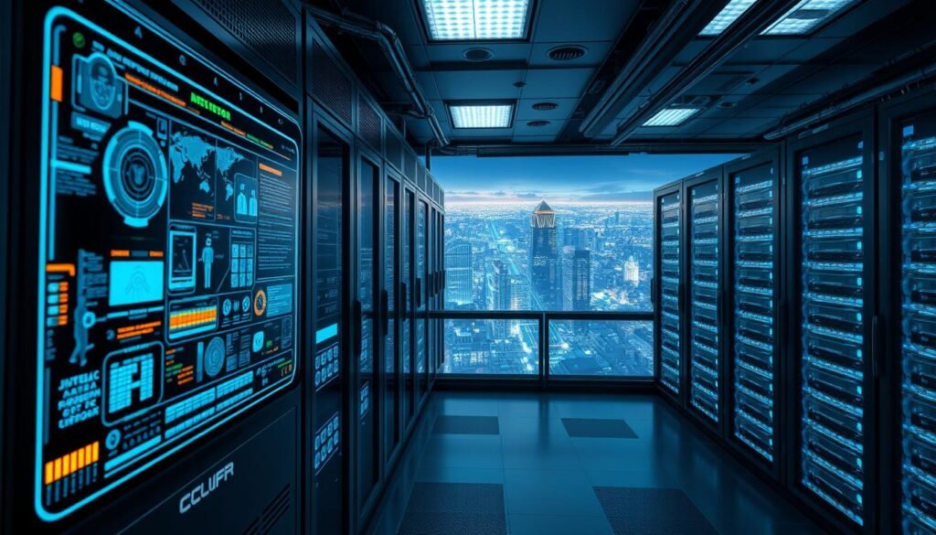A highly secure computer server room with advanced cybersecurity interfaces. The foreground depicts a sleek, holographic control panel with intricate data visualizations, biometric scanners, and intrusion detection sensors. In the middle ground, rows of state-of-the-art rack-mounted servers are illuminated by cool, blue lighting, exuding an aura of digital fortification. The background showcases a vast, panoramic view of a hyper-connected cityscape, emphasizing the global scale of the ransomware protection system. The scene conveys a mood of technological sophistication, data integrity, and unwavering cybersecurity vigilance.