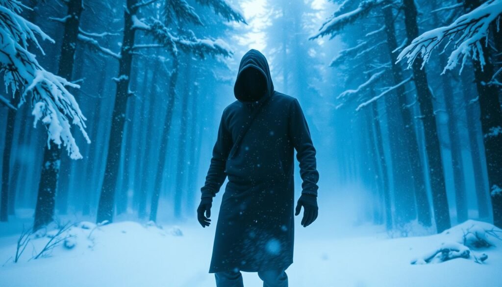 A hooded figure stands in a dense, snow-covered forest, their face obscured by shadows. Icy winds howl through the trees, creating a sense of foreboding. The individual's body language suggests a predatory, calculating presence, their movements fluid and precise. In the background, a blizzard rages, casting an eerie, blue-tinted glow over the scene. The lighting is dramatic, with harsh contrasts and deep shadows, conveying a sense of danger and the unseen. The overall mood is one of a skilled, elusive threat actor, poised to strike at any moment.