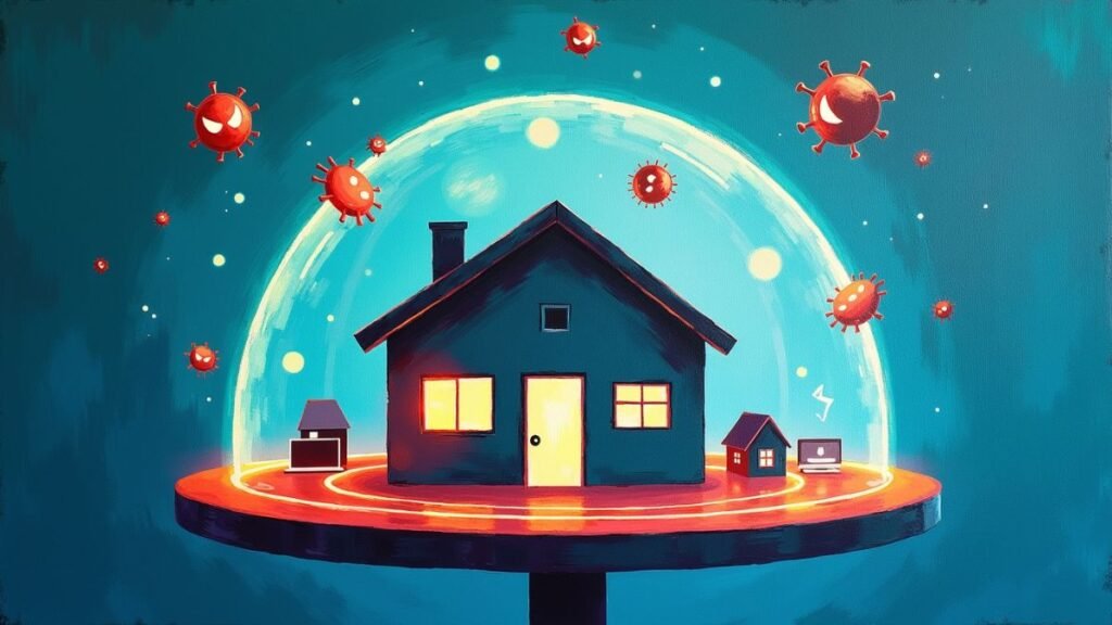 A house inside a protective digital shield, representing a secure home Wi-Fi network protecting devices from outside threats