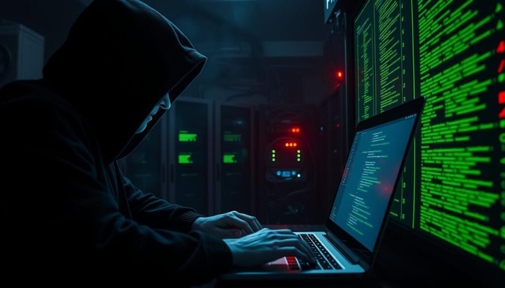 A hyper-realistic cybersecurity attack simulation scene. In the foreground, a hooded figure hunched over a laptop, their fingers frantically typing commands. Glowing neon-green lines of code cascade across the screen, reflecting an intense focus. In the middle ground, a network of servers, cables, and blinking lights, representing the target infrastructure. The background is shrouded in a moody, dark atmosphere, with ominous shadows and a sense of impending danger. High-contrast lighting casts dramatic shadows, creating a tense, cinematic feel. The overall image conveys the critical role of red teams in proactively identifying and addressing vulnerabilities to strengthen an organization's cybersecurity posture.