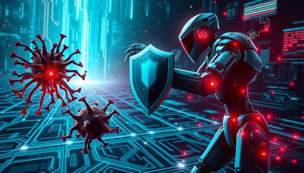 A hyper-realistic digital illustration depicting the clash between malware and viruses. In the foreground, a malicious-looking computer virus, its tendrils coiling and pulsing with a sinister energy, confronts a formidable antivirus program, represented as a sleek, angular robotic entity wielding a cybersecurity shield. The middle ground features a network of interconnected digital pathways, pulsing with lines of code and data streams. In the background, a dark, ominous landscape of corrupted, glitching digital environments, hinting at the havoc that these digital threats can wreak. The scene is bathed in a cool, otherworldly light, creating a sense of tension and high-stakes conflict. Rendered with meticulous attention to detail, the image conveys the gravity of the ongoing battle between malware and the protective measures designed to safeguard digital systems.