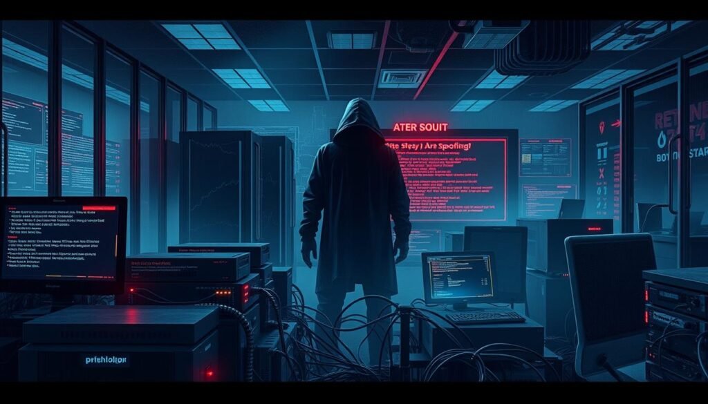 A hyper-realistic digital illustration depicting the real-world impacts of ARP spoofing. In the foreground, a corporate office network infrastructure is disrupted, with devices displaying error messages and network connections being severed. In the middle ground, a shadowy figure lurks, symbolizing the malicious hacker responsible for the ARP attack. The background showcases the broader consequences, such as financial losses, data breaches, and reputational damage affecting the organization. The scene is rendered with a gritty, dystopian aesthetic, emphasizing the severity and seriousness of the ARP spoofing threat. Dramatic lighting and high-detail textures convey the technical complexity and gravity of the situation.