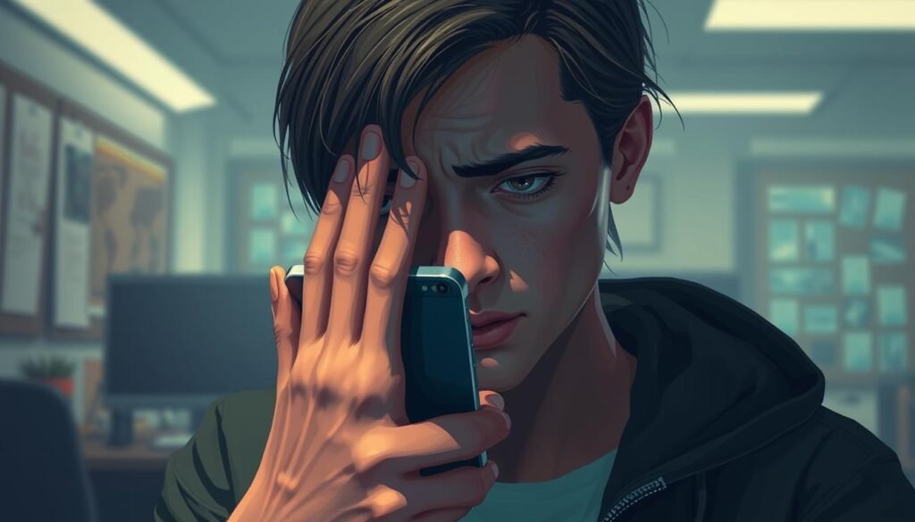A hyper-realistic digital illustration of a person cautiously examining their smartphone, their face half-obscured by their hand in a gesture of scrutiny and concern. The subject is set against a blurred, dimly-lit office environment, with a desktop computer and other technology visible in the background, conveying a sense of the digital world and online threats. Soft, directional lighting illuminates the person's face, creating dramatic shadows and highlights that suggest an atmosphere of vigilance and unease. The overall mood is one of heightened security awareness, with the viewer encouraged to consider the potential dangers of digital interactions and the importance of remaining cautious in the face of social engineering attacks.