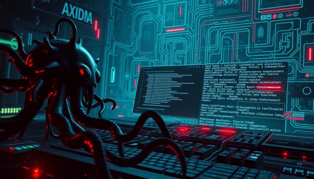 A hyper-realistic digital illustration showcasing the contrast between malware and viruses. In the foreground, a sinister-looking computer virus, its tentacles reaching out menacingly, contrasts with a sleek, minimalist malware program in the middle ground. The background depicts a complex network of digital pathways, ominous lines of code, and a subtle glow emanating from unseen, malicious sources. The scene is rendered with a cinematic, high-contrast lighting, creating a sense of tension and foreboding. The overall composition conveys the inherent differences between these two digital threats, their unique characteristics, and the need to understand their distinct natures.