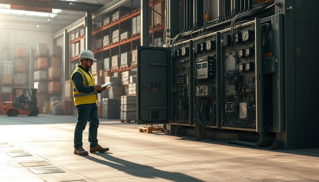 A large industrial control panel dominates the foreground, its intricate wiring and circuit breakers hinting at the complex machinery it manages. The panel sits atop a concrete floor, surrounded by stacks of equipment and the occasional tool or supply. Soft, directional lighting casts dramatic shadows, creating a sense of depth and technical sophistication. In the middle ground, a technician in a safety vest and hard hat carefully inspects the panel, clipboard in hand, analyzing the system's performance and troubleshooting any issues. The background fades into an industrial warehouse setting, with towering shelves, crates, and the occasional forklift in the distance, conveying the scale and complexity of the overall maintenance operation. The scene reflects the challenges and realities of keeping critical systems running smoothly, the focus on safety and precision essential to effective whitelisting and application control.