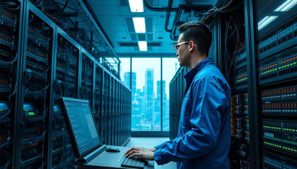 A large, modern data center with rows of server racks, blinking lights, and intricate cabling. In the foreground, a technician in a blue jumpsuit monitors a computer console, fingers tapping on the keyboard. Overhead, bright LED lighting casts a cool, clinical glow. In the background, floor-to-ceiling windows reveal a cityscape with skyscrapers. The atmosphere is one of efficiency, technology, and the reliable infrastructure that powers today's digital world. A large, modern data center with rows of server racks, blinking lights, and intricate cabling. In the foreground, a technician in a blue jumpsuit monitors a computer console, fingers tapping on the keyboard. Overhead, bright LED lighting casts a cool, clinical glow. In the background, floor-to-ceiling windows reveal a cityscape with skyscrapers. The atmosphere is one of efficiency, technology, and the reliable infrastructure that powers today's digital world.
