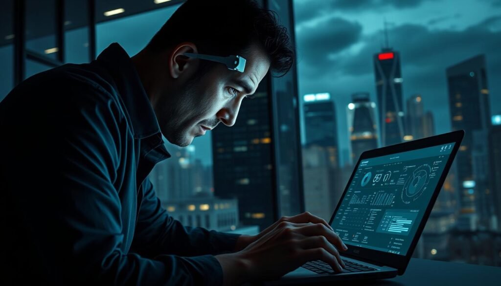 A large, modern office building in the United States, with a diverse skyline in the background. In the foreground, a network administrator is hunched over a laptop, intently scanning the network for potential vulnerabilities and threats. The dim lighting and the glow of the laptop screen cast dramatic shadows, conveying a sense of urgency and importance. The administrator's brow is furrowed in concentration, fingers flying across the keyboard as they navigate a complex dashboard filled with detailed network data and security metrics. The atmosphere is one of heightened awareness and focus, highlighting the critical role that network scanning plays in ensuring the security and performance of this vital infrastructure.