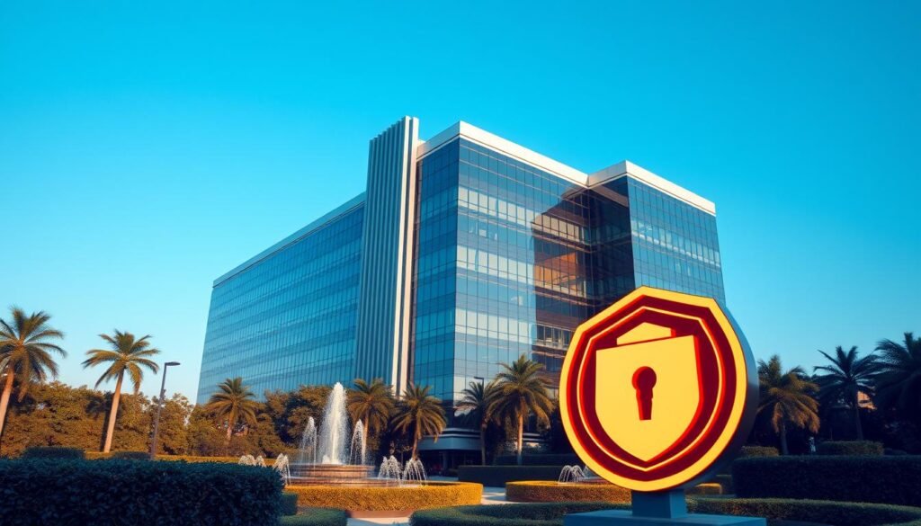 A large modern office building, its facade made of glass and steel, standing tall against a clear blue sky. In the foreground, a stylized logo representing a credit reporting agency, its design conveying a sense of security, reliability, and authority. The building is set in a lush, well-manicured landscape, with neatly trimmed hedges and decorative fountains, projecting an image of professionalism and trustworthiness. The scene is illuminated by warm, diffused lighting, creating a sense of tranquility and stability. The overall atmosphere conveys the gravity and importance of the institution, a gatekeeper of financial information and a crucial player in the credit ecosystem.