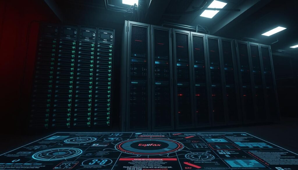 A large, ominous-looking computer server rack, its metallic frame casting long shadows across the darkened room. Stacks of data storage drives glow with an eerie, unsettling light, hinting at the sensitive information they contain. The air is heavy with a sense of violation, as if the very walls are whispering the details of a devastating security breach. In the foreground, a holographic projection displays a series of complex diagrams and statistics, mapping the scale and impact of the Equifax data breach - a cautionary tale of corporate negligence and the fragility of personal privacy in the digital age.