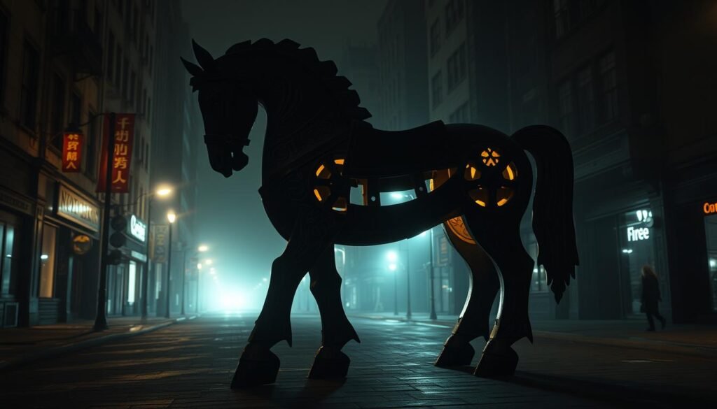 A large, ornate wooden horse stands ominously in a dimly lit, desolate city street. Its intricate carvings cast long shadows, evoking a sense of unease. The horse's hollow interior hints at a dark secret, a malicious trap waiting to be sprung. In the distance, an eerie, foreboding atmosphere lingers, as if the very air carries the weight of an impending breach. The scene is bathed in a moody, low-key lighting that accentuates the horse's ominous presence, inviting the viewer to ponder the consequences of uncovering this true-to-life hook. A large, ornate wooden horse stands ominously in a dimly lit, desolate city street. Its intricate carvings cast long shadows, evoking a sense of unease. The horse's hollow interior hints at a dark secret, a malicious trap waiting to be sprung. In the distance, an eerie, foreboding atmosphere lingers, as if the very air carries the weight of an impending breach. The scene is bathed in a moody, low-key lighting that accentuates the horse's ominous presence, inviting the viewer to ponder the consequences of uncovering this true-to-life hook.