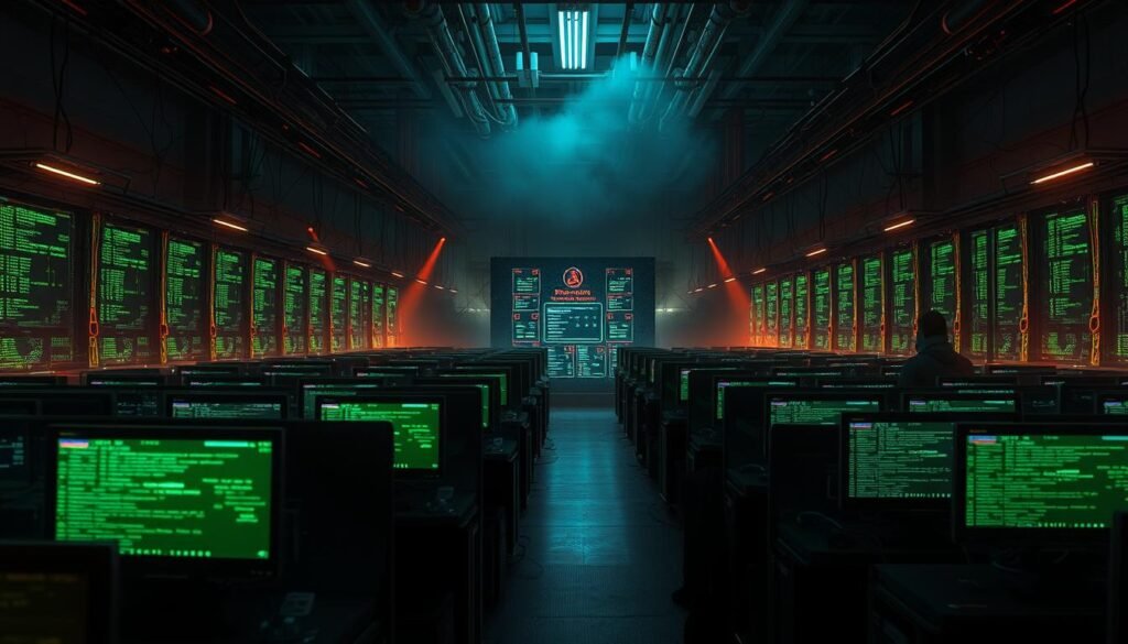A large-scale, distributed denial-of-service (DDoS) attack on a corporate network. In the foreground, rows of infected computers, their screens glowing with malicious code, overwhelm the targeted servers. In the middle ground, a central command hub pulses with nefarious activity, coordinating the onslaught. The background is shrouded in an ominous haze, suggesting the scale and complexity of the attack. Dramatic lighting casts long, ominous shadows, heightening the sense of danger and urgency. The scene conveys the power and devastation of a large-scale botnet-driven DDoS assault on a critical digital infrastructure.