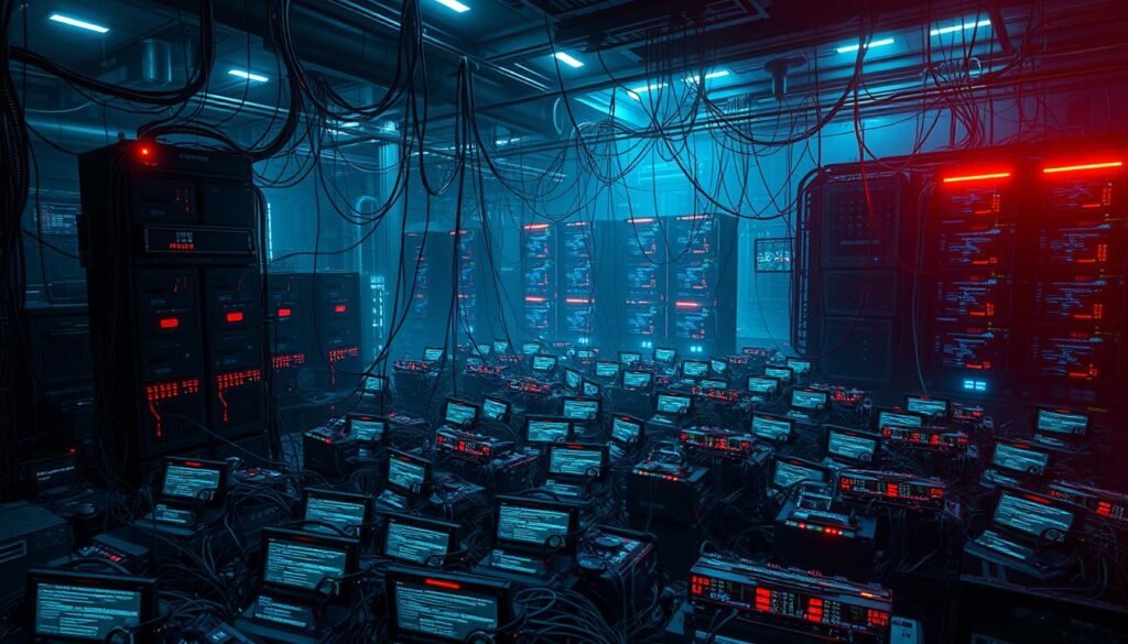 A large-scale, sophisticated botnet attack unfolding in a dimly lit, high-tech environment. In the foreground, a tangle of interconnected nodes and command-and-control servers pulsing with malicious activity. The middle ground features a horde of infected devices, their screens flickering with lines of code, as they coordinate a massive distributed assault. In the background, a sprawling network of servers and routers, their status lights blinking ominously, serve as the infrastructure powering this vast, coordinated cybercriminal operation. Intense, ominous lighting casts sharp shadows, emphasizing the gravity and scale of the threat. The overall atmosphere conveys a sense of impending chaos and the relentless, unstoppable nature of a botnet-driven attack.