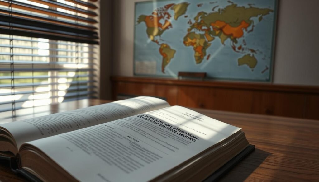 A law book, opened to a page outlining guidelines for international evidence sharing, rests on a wooden table. Beams of light filter through venetian blinds, casting shadows across the page. In the background, a world map hangs on the wall, representing the global nature of the subject. The scene conveys a sense of authority, legality, and the collaborative efforts required for effective cross-border cooperation in criminal investigations. A law book, opened to a page outlining guidelines for international evidence sharing, rests on a wooden table. Beams of light filter through venetian blinds, casting shadows across the page. In the background, a world map hangs on the wall, representing the global nature of the subject. The scene conveys a sense of authority, legality, and the collaborative efforts required for effective cross-border cooperation in criminal investigations.