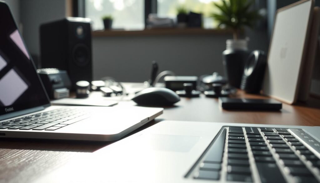 A meticulously clean and organized desk, with a sleek laptop and various digital devices neatly arranged. Crisp, natural lighting illuminates the scene, creating a sense of order and professionalism. In the foreground, a high-resolution close-up showcases the smooth, fingerprint-free surface of the laptop screen, highlighting the importance of maintaining a pristine device. The middle ground features a collection of electronic accessories, such as a wireless mouse and charging cables, all precisely positioned to convey a tidy workspace. The background subtly blurs, directing the viewer's focus to the central devices and the overall atmosphere of control and efficiency.
