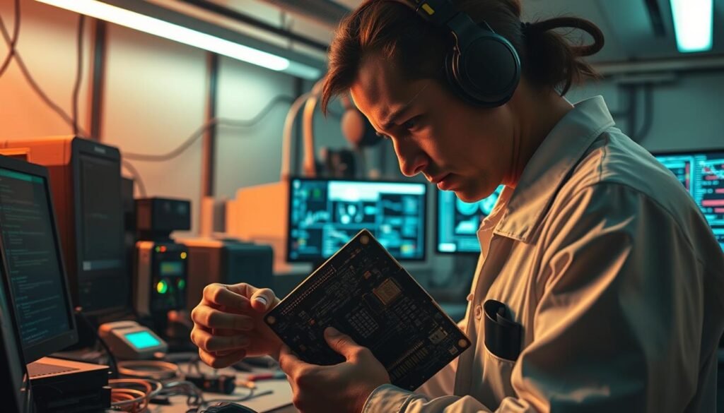 A meticulously designed workspace, bathed in warm, directional lighting. In the foreground, a technician intently examining a complex circuit board, their brow furrowed in concentration. Surrounding them, an array of specialized tools and diagnostic equipment, each strategically placed. In the middle ground, a bank of monitors displaying detailed data analytics, graphs, and status updates. The background reveals a well-organized, clean, and professional environment, conveying a sense of order and control, essential for the delicate recovery process. The overall atmosphere is one of technical expertise, methodical approach, and a steadfast commitment to restoring data in the face of a ransomware attack. A meticulously designed workspace, bathed in warm, directional lighting. In the foreground, a technician intently examining a complex circuit board, their brow furrowed in concentration. Surrounding them, an array of specialized tools and diagnostic equipment, each strategically placed. In the middle ground, a bank of monitors displaying detailed data analytics, graphs, and status updates. The background reveals a well-organized, clean, and professional environment, conveying a sense of order and control, essential for the delicate recovery process. The overall atmosphere is one of technical expertise, methodical approach, and a steadfast commitment to restoring data in the face of a ransomware attack.