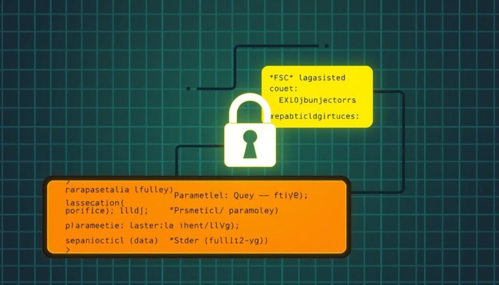 A meticulously rendered diagram illustrating the concept of parameterized queries, a robust technique for preventing SQL injection attacks. In the foreground, a database query is depicted as a stylized string of code, with placeholders for user-supplied input parameters. In the middle ground, a secure coding interface showcases the proper implementation of parameterized queries, emphasizing the separation of code and data. The background features a subtle grid pattern, evoking the structured nature of relational databases. The overall composition conveys a sense of technical elegance and attention to detail, serving as a visual guide to the SQL injection prevention methods discussed in the article. A meticulously rendered diagram illustrating the concept of parameterized queries, a robust technique for preventing SQL injection attacks. In the foreground, a database query is depicted as a stylized string of code, with placeholders for user-supplied input parameters. In the middle ground, a secure coding interface showcases the proper implementation of parameterized queries, emphasizing the separation of code and data. The background features a subtle grid pattern, evoking the structured nature of relational databases. The overall composition conveys a sense of technical elegance and attention to detail, serving as a visual guide to the SQL injection prevention methods discussed in the article.