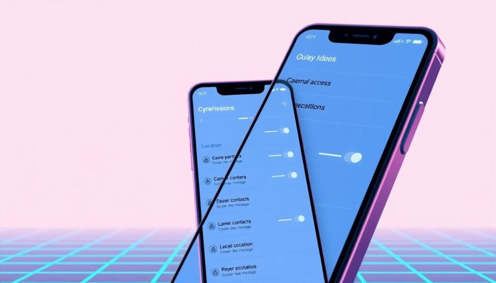 A minimalist but sleek digital illustration showcasing a mobile app's permission settings. In the foreground, a smartphone display presents a clean, user-friendly interface with toggles and sliders to manage access to camera, contacts, location, and other permissions. The middle ground features a subtle grid or network pattern, hinting at the backend data and security infrastructure. In the background, a soft, gradient-based color scheme evokes a sense of digital sophistication. Crisp, high-contrast lighting and a slightly angled perspective give the image a professional, instructional tone, suitable for educating users on best practices for app permission management.