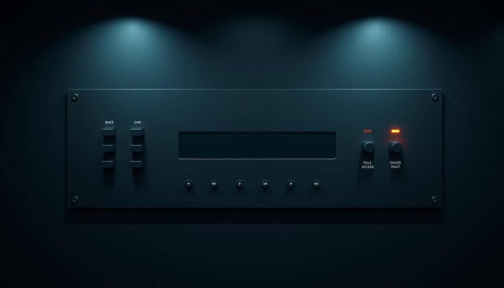 A minimalist home network access control panel with a sleek, modern design. The panel features a prominently displayed password input field, surrounded by a series of toggle switches and indicators for enabling or disabling various homelab services and access points. The background is a muted gray or navy tone, creating a professional, technical atmosphere. Subtle lighting from above casts a soft glow, highlighting the clean lines and intuitive layout. The entire scene is captured with a wide-angle lens, emphasizing the panel's central role in managing and securing the homelab environment.