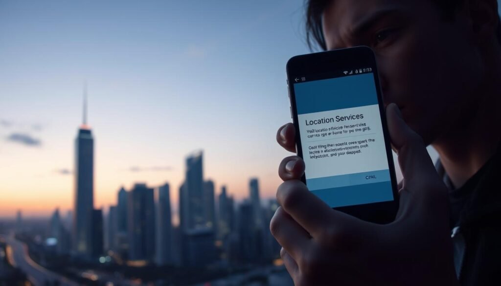 A modern city skyline at dusk, with sleek high-rise buildings and bustling streets below. In the foreground, a hand-held mobile device prominently displays a location services permission prompt, casting a warm glow on the user's face. The scene conveys a sense of uncertainty and cautious contemplation, as the viewer considers the implications of granting or denying access to their device's GPS. The lighting is soft and atmospheric, with a subtle blue-purple hue in the background, creating a thought-provoking and visually striking image that speaks to the nuances of privacy and technology.