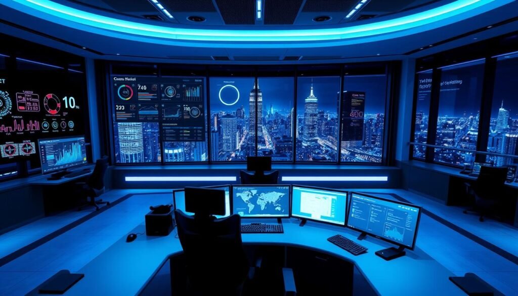 A modern control room with a sleek, minimalist design. The foreground features a large, high-resolution display showing a real-time dashboard of IoT device status and activity, including connectivity, performance metrics, and security alerts. The middle ground has several ergonomic workstations with multiple screens, allowing operators to closely monitor and manage the IoT network. The background showcases a futuristic cityscape visible through floor-to-ceiling windows, bathed in a cool, blue-tinted lighting that creates a sense of technological sophistication. The overall atmosphere conveys a balance of control, vigilance, and forward-thinking in managing the complexities of a connected, IoT-driven environment. A modern control room with a sleek, minimalist design. The foreground features a large, high-resolution display showing a real-time dashboard of IoT device status and activity, including connectivity, performance metrics, and security alerts. The middle ground has several ergonomic workstations with multiple screens, allowing operators to closely monitor and manage the IoT network. The background showcases a futuristic cityscape visible through floor-to-ceiling windows, bathed in a cool, blue-tinted lighting that creates a sense of technological sophistication. The overall atmosphere conveys a balance of control, vigilance, and forward-thinking in managing the complexities of a connected, IoT-driven environment.