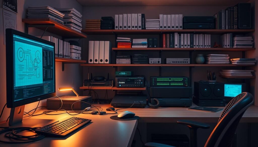 A modern cyber lab setup, with a clean, minimalist aesthetic. In the foreground, a sleek desktop computer, its screen displaying diagrams and schematics. On the desk, a keyboard, mouse, and various cables neatly organized. In the middle ground, a network switch, routers, and security devices, all arranged in a visually appealing layout. The background features shelves filled with technical manuals, books, and tools, creating a sense of expertise and preparation. Soft, directional lighting casts a warm glow, emphasizing the professionalism and purpose of the space. The overall mood is one of thoughtful planning, attention to detail, and a readiness to tackle the challenges of a cyber home lab setup.