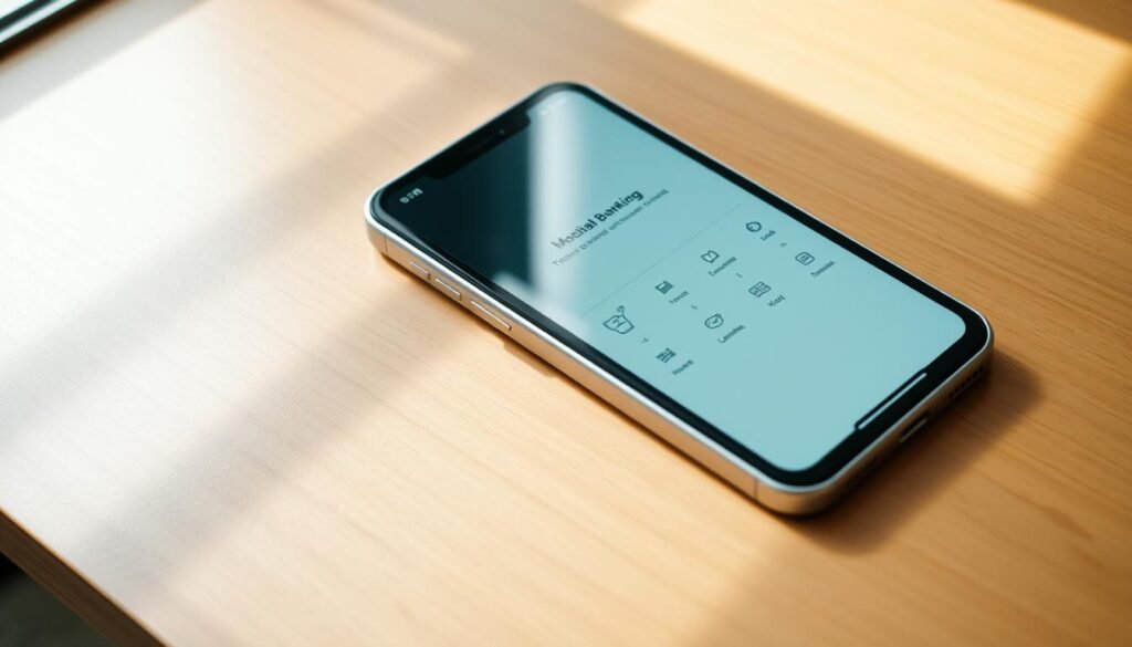 A modern, minimalist mobile banking app interface displayed on a sleek, silver smartphone. Crisp UI elements like clean typography, intuitive icons, and a subtle color palette convey a sense of security and control. The screen is illuminated by a soft, natural light from an overhead window, casting gentle shadows and highlights that accentuate the device's premium design. The smartphone is placed on a smooth, polished wooden desk, creating a sense of professional, yet relaxed workspace. The overall scene exudes an atmosphere of digital trust, financial empowerment, and cybersecurity awareness.
