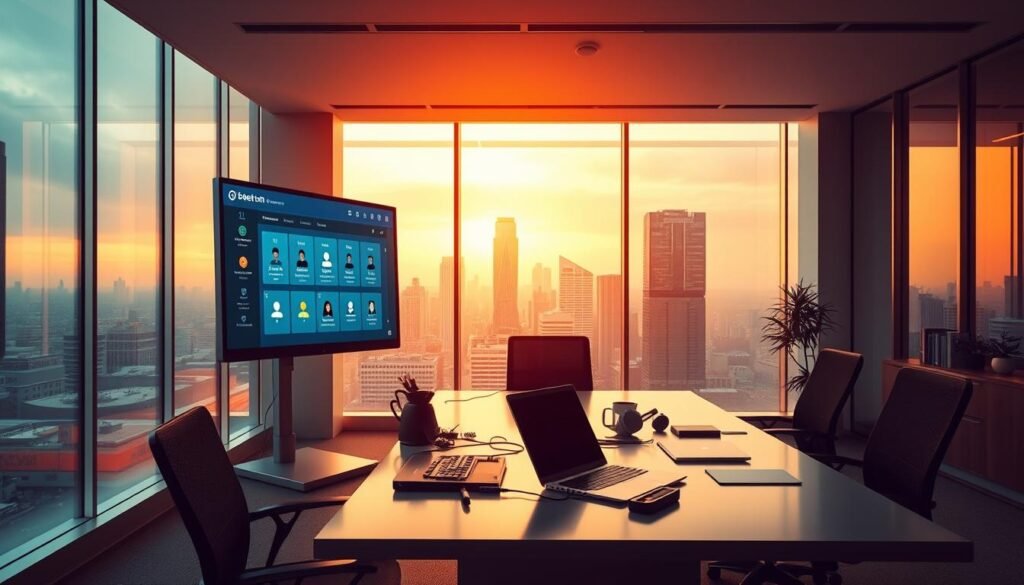 A modern, minimalist office interior with clean lines and warm lighting. In the foreground, a sleek computer monitor displays a graphical user interface with various user profiles and access controls. The middle ground features a desk with a laptop, tablet, and other work tools, symbolizing the collaborative nature of role-based access management. The background showcases a large window with a cityscape, conveying a sense of professionalism and security. The overall mood is one of efficiency, organization, and attention to detail, reflecting the technical subject matter.