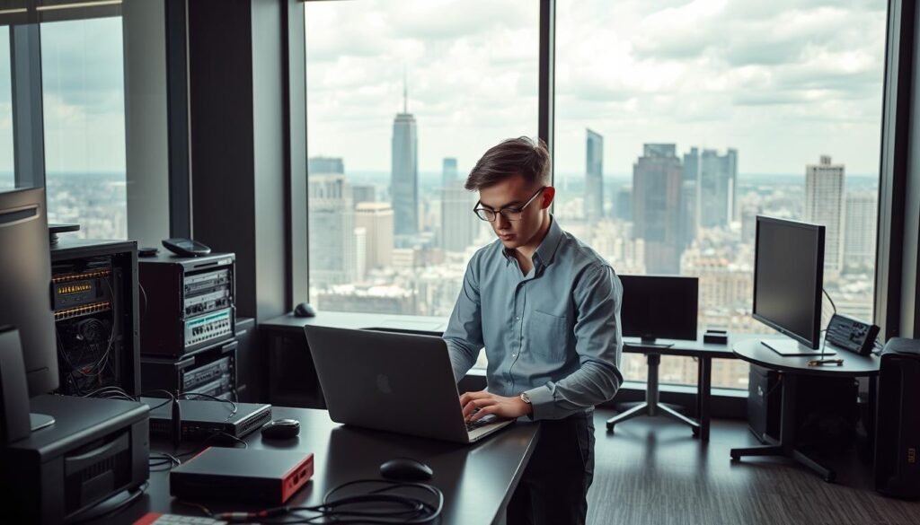 A modern, sleek office setting with a large window overlooking a bustling city skyline. In the foreground, a young cybersecurity professional wearing a crisp button-down shirt and slacks is intently focused on a laptop screen, their expression conveying a sense of purpose and determination. The middle ground features various cybersecurity tools and equipment, such as a network router, a server rack, and a complex array of cables and monitors. The background showcases the cityscape beyond the window, highlighting the importance of ethical hacking in securing the digital infrastructure of a thriving metropolitan area. The overall scene emits a mood of professionalism, innovation, and the crucial role of ethical hacking in the modern, interconnected world.