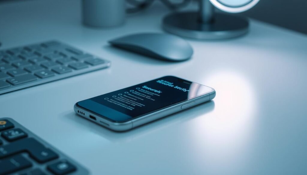 A modern smartphone resting on a minimalist desk, with a simple security checklist displayed on its screen. The lighting is clean and bright, with a soft diffuse glow that highlights the device's sleek design. The camera angle is slightly elevated, giving a sense of accessibility and ease of use. The atmosphere conveys a sense of efficiency and control, with the phone's screen serving as the focal point for a quick security self-assessment. The background is blurred, keeping the attention on the smartphone and the security-related content it displays.