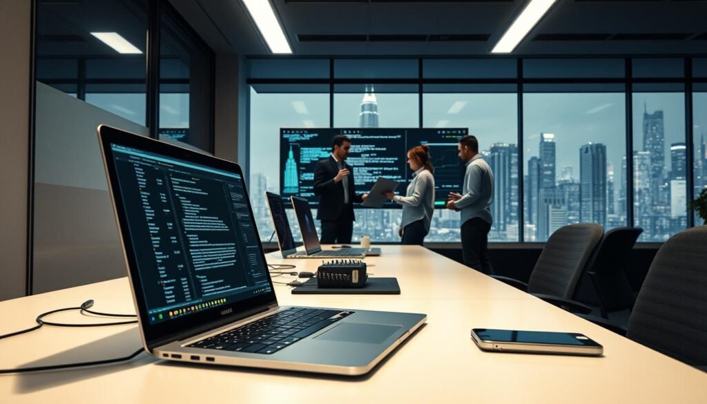 A modern software engineering workspace with sleek, minimalist design. In the foreground, a developer's laptop screen displays a complex bug report, accompanied by visualizations and analytical tools. In the middle ground, a team huddles around a large wall-mounted display, reviewing validation test results and discussing the implications. The background features a panoramic window overlooking a bustling cityscape, symbolizing the broader impact and importance of their work. Soft, directional lighting creates a sense of focus and professionalism, while muted color tones convey a thoughtful, deliberative atmosphere. The overall scene evokes a culture of rigorous software quality assurance and the collaborative process of transforming AI-discovered vulnerabilities into credible proofs-of-concept.