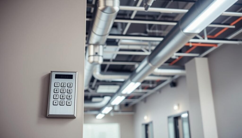 A modern, well-lit office interior with an industrial-style HVAC system prominently featured. In the foreground, a sleek, metallic vendor access panel with a keypad interface stands out against the neutral-toned walls. The panel's surface reflects the bright lighting, creating a sense of professionalism and security. In the middle ground, a network of steel ducts and pipes weave through the space, hinting at the building's complex mechanical infrastructure. The background is softly blurred, emphasizing the focus on the access panel as the gateway to the system. The overall scene conveys a sense of controlled access, technical sophistication, and the critical role of HVAC systems in commercial buildings.