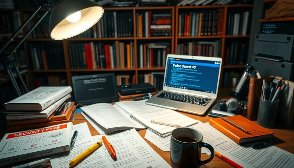 A neatly arranged study space, illuminated by warm overhead lighting and a focused desk lamp. In the foreground, various CompTIA certification exam prep materials are displayed - textbooks, practice tests, highlighters, and notes. In the middle ground, a laptop screen shows practice exam questions, while a mug of coffee sits nearby. The background features a bookshelf filled with technology and cybersecurity resources. The overall atmosphere conveys a sense of focused, intentional preparation for the Security+ and CySA+ exams.