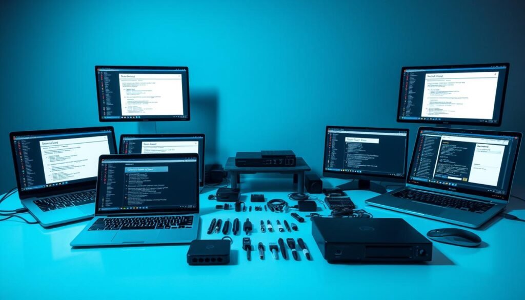 A neatly organized array of security tools on a sleek, minimalist workspace. In the foreground, an array of laptop screens displaying various whitelisting software interfaces, their clean designs and intuitive layouts conveying a sense of control and precision. In the middle ground, a collection of peripherals - USB dongles, network switches, and other hardware components - all meticulously arranged. The background is bathed in a cool, neutral lighting, emphasizing the technological nature of the scene. The overall atmosphere is one of professionalism, efficiency, and a commitment to robust application control, reflecting the "Tooling and Techniques to Strengthen Control" theme.