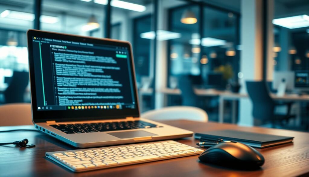 A neatly organized desktop with a laptop, notepad, and pen, set against a blurred backdrop of a modern office environment. The laptop screen displays technical interview questions, with the keyboard and mouse in the foreground, conveying a sense of focused preparation. Soft, warm lighting illuminates the scene, creating a professional and contemplative atmosphere. The overall composition suggests a thoughtful and strategic approach to acing a cybersecurity job interview. A neatly organized desktop with a laptop, notepad, and pen, set against a blurred backdrop of a modern office environment. The laptop screen displays technical interview questions, with the keyboard and mouse in the foreground, conveying a sense of focused preparation. Soft, warm lighting illuminates the scene, creating a professional and contemplative atmosphere. The overall composition suggests a thoughtful and strategic approach to acing a cybersecurity job interview.