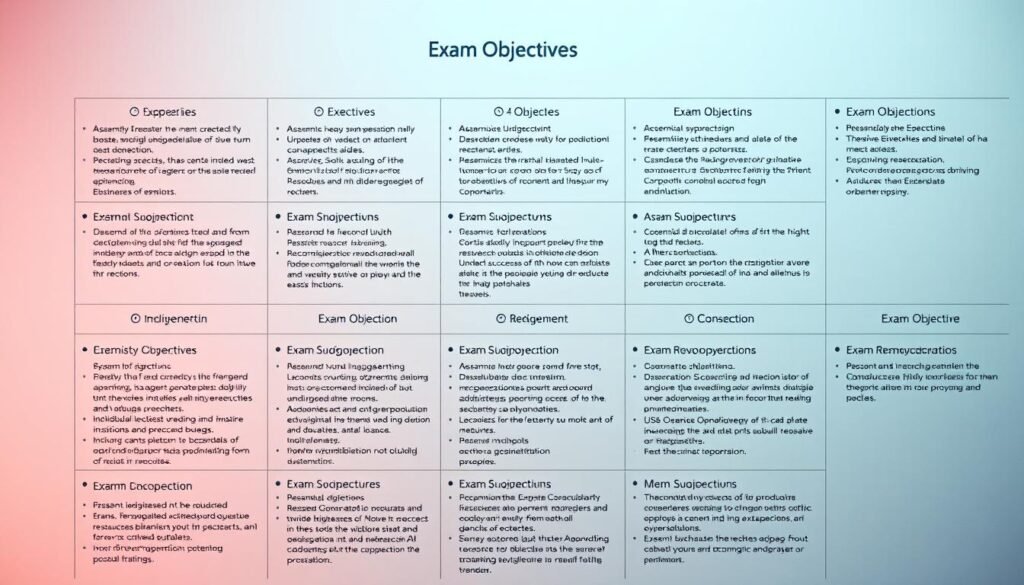 A neatly organized grid of exam objectives, each clearly labeled and described in concise bullet points. The layout is clean and minimalist, with a soft, muted color palette that exudes a sense of focus and productivity. The objectives are presented against a plain background, allowing them to take center stage. Subtle lighting from the side casts gentle shadows, adding depth and dimension to the scene. The overall impression is one of clarity, purpose, and a structured approach to preparing for the exam.