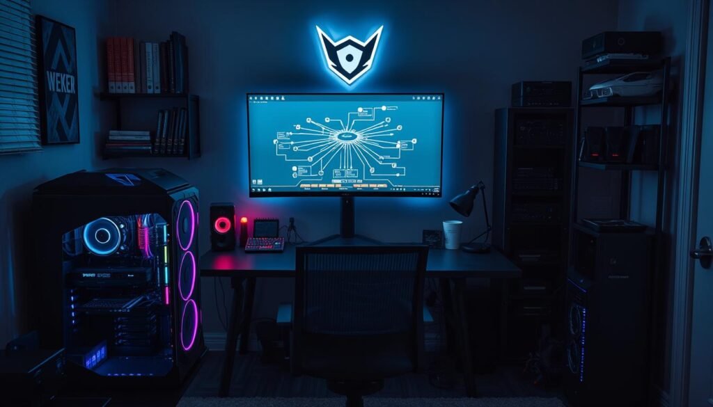 A neatly organized home office with a sleek, dark-themed desktop setup. In the foreground, a powerful gaming PC with customized RGB lighting and advanced cooling, surrounded by a clutter-free workspace. On the desk, a large, high-resolution monitor displays a network topology diagram, and a stylized cybersecurity logo decorates the wall behind. Shelves on the side hold technical books, networking devices, and a server rack, creating an immersive atmosphere of a dedicated cybersecurity lab. Soft, directional lighting casts dramatic shadows, emphasizing the technical precision and focus of the setup. The overall scene conveys a sense of professionalism, expertise, and a passion for cybersecurity.