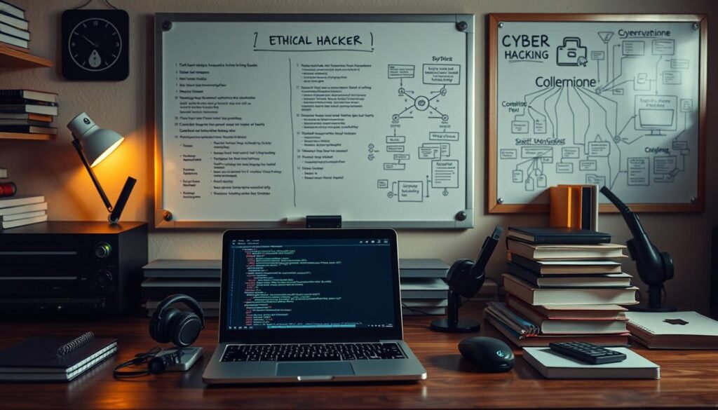 A neatly organized workspace with a laptop, books, and coding accessories prominently displayed. The lighting is soft and warm, creating a focused, studious atmosphere. In the background, a wall-mounted whiteboard showcases code snippets, cybersecurity concepts, and network diagrams, hinting at the technical prerequisites for ethical hacking. The scene conveys a sense of preparation, discipline, and a dedication to learning and mastering the fundamentals of this field. The overall composition suggests a balanced approach to acquiring the necessary knowledge and skills for ethical hacking. A neatly organized workspace with a laptop, books, and coding accessories prominently displayed. The lighting is soft and warm, creating a focused, studious atmosphere. In the background, a wall-mounted whiteboard showcases code snippets, cybersecurity concepts, and network diagrams, hinting at the technical prerequisites for ethical hacking. The scene conveys a sense of preparation, discipline, and a dedication to learning and mastering the fundamentals of this field. The overall composition suggests a balanced approach to acquiring the necessary knowledge and skills for ethical hacking.