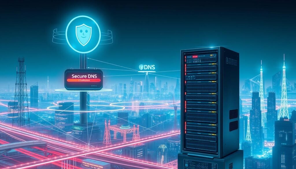 A network infrastructure schematic depicting advanced DNS security protocols. In the foreground, a secure DNS server stands resolute, its interfaces and protocols visualized in a detailed, technical manner. The middle ground showcases a distributed, redundant DNS architecture, with multiple nodes interconnected through encrypted channels. In the background, a cityscape of skyscrapers and communication towers symbolizes the global scale of the secure DNS system. The scene is illuminated by a soft, blue-tinted lighting, conveying a sense of reliability and trust in the robust security measures. The overall impression is one of a sophisticated, enterprise-grade DNS infrastructure designed to protect user privacy and data integrity.