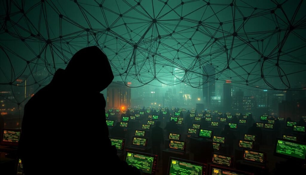 A network of infected devices, a "botnet" - the haunting digital menace. In the foreground, a shadowy figure controls a horde of zombie devices, their screens flickering with malicious code. The middle ground reveals a web of interconnected nodes, a pulsing, chaotic mesh of interconnected machines. In the background, a cityscape shrouded in a sinister haze, the ubiquitous presence of botnets infiltrating every corner. Dramatic lighting casts ominous shadows, while a cinematic camera angle heightens the sense of dread and the scale of this invisible, yet pervasive threat. Convey the gravity and pervasiveness of botnets, the "zombie armies" of the digital realm. A network of infected devices, a "botnet" - the haunting digital menace. In the foreground, a shadowy figure controls a horde of zombie devices, their screens flickering with malicious code. The middle ground reveals a web of interconnected nodes, a pulsing, chaotic mesh of interconnected machines. In the background, a cityscape shrouded in a sinister haze, the ubiquitous presence of botnets infiltrating every corner. Dramatic lighting casts ominous shadows, while a cinematic camera angle heightens the sense of dread and the scale of this invisible, yet pervasive threat. Convey the gravity and pervasiveness of botnets, the "zombie armies" of the digital realm.