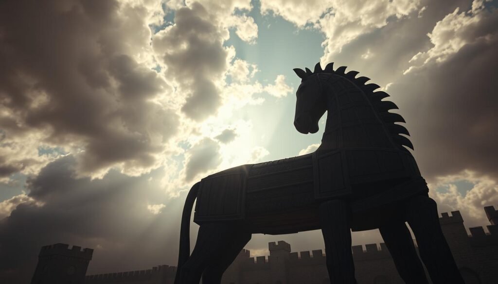 A ominous, looming Trojan horse stands in the foreground, casting a dark shadow over a medieval city skyline in the distance. The horse's massive wooden frame is intricately detailed, with carved panels and ornate decorations hinting at its mysterious purpose. Sunlight filters through the clouds, creating a sense of foreboding and unease. The scene is shot from a low angle, emphasizing the immense size and power of the deceptive wooden structure. The city walls in the background appear fortified, but their defenses seem inadequate against the imposing presence of the Trojan horse, a symbol of hidden danger and the false promise of safety.