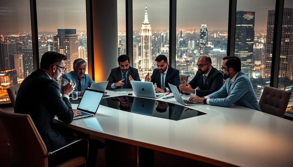 A panel of cybersecurity news experts engaged in a lively discussion, seated around a sleek conference table in a modern, well-lit office space. The experts, a diverse group of men and women, gesticulate animatedly as they analyze the latest security threats and breakthroughs, their faces illuminated by the soft glow of laptop screens. The room is bathed in a warm, professional ambiance, with floor-to-ceiling windows offering a panoramic view of a bustling city skyline in the background. The scene conveys a sense of authority, expertise, and the urgency of staying ahead of evolving cybersecurity challenges.