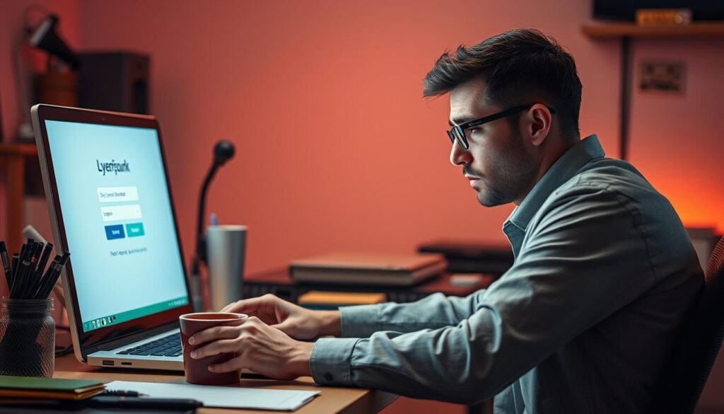 A person sitting at a desk, intently focused on a laptop screen, surrounded by an array of office supplies and a cup of coffee. The room is well-lit, with warm, ambient lighting casting a soft glow. The laptop's screen displays a login page, prompting the user to enter their credentials to regain access to their account. The person's expression conveys a mixture of concern and determination, reflecting the gravity of the situation. The overall atmosphere is one of concentration and problem-solving, as the individual navigates the process of recovering their account. A person sitting at a desk, intently focused on a laptop screen, surrounded by an array of office supplies and a cup of coffee. The room is well-lit, with warm, ambient lighting casting a soft glow. The laptop's screen displays a login page, prompting the user to enter their credentials to regain access to their account. The person's expression conveys a mixture of concern and determination, reflecting the gravity of the situation. The overall atmosphere is one of concentration and problem-solving, as the individual navigates the process of recovering their account.