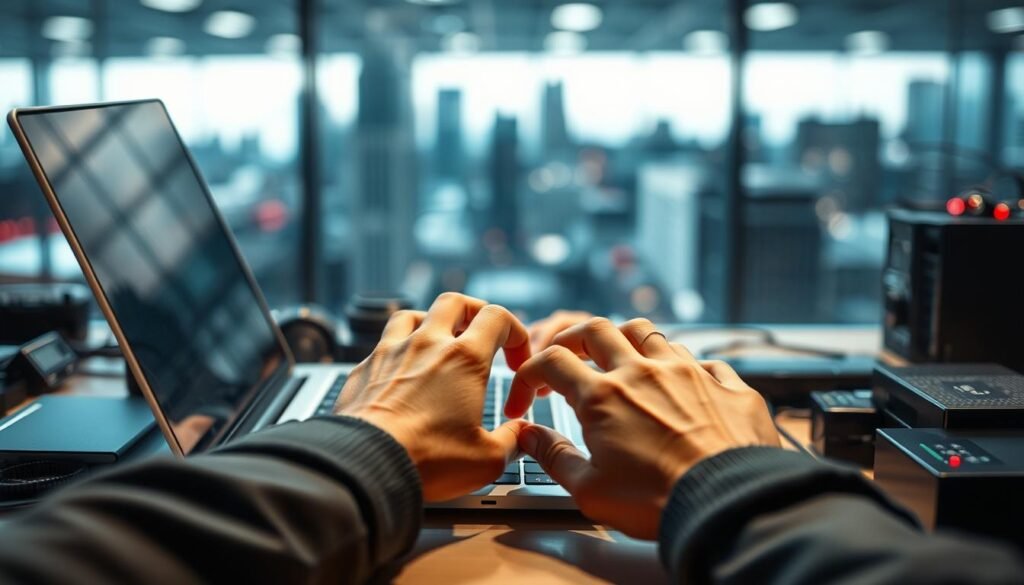 A person's hands intently focused on a laptop, surrounded by various cybersecurity tools and devices. Bright, crisp lighting illuminates the workspace, creating a sense of concentration and immersion. The hands are positioned in a hands-on, engaged manner, reflecting the active nature of cybersecurity skills development. In the background, a blurred cityscape or office environment suggests a professional setting, underscoring the practical, real-world application of the skills being learned. The overall mood is one of diligent, hands-on learning and the empowering process of turning theoretical knowledge into tangible cybersecurity expertise.